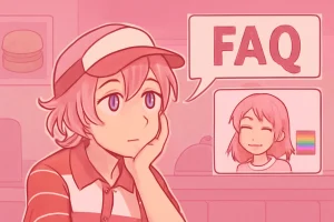 Anime-style fast food worker daydreams with "FAQ" bubble, pastel pink theme, LGBTQ-friendly, customer support concept.