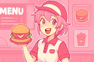 Femboy character in a pink fast food uniform holding a burger, with a cute and playful vibe.